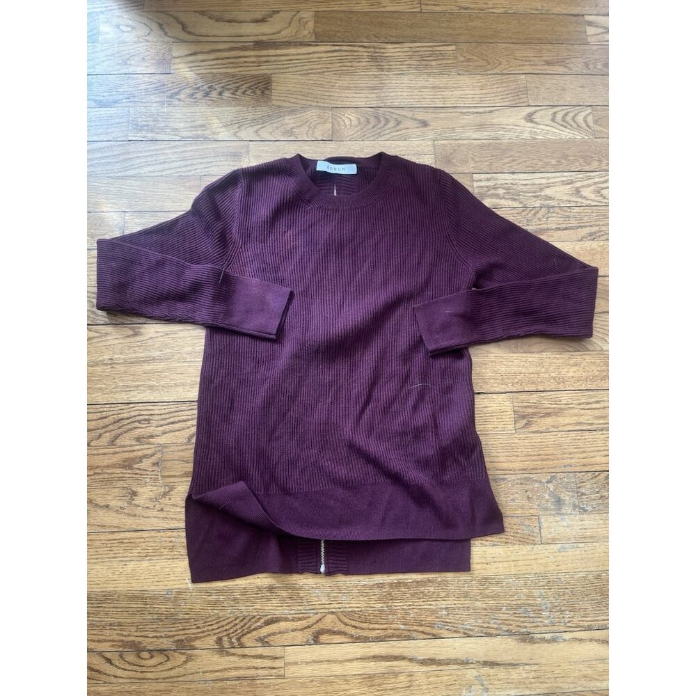 Kokun Dark Red Bamboo Cashmere Medium Weight Full Back Zip Sweater Top Size XS